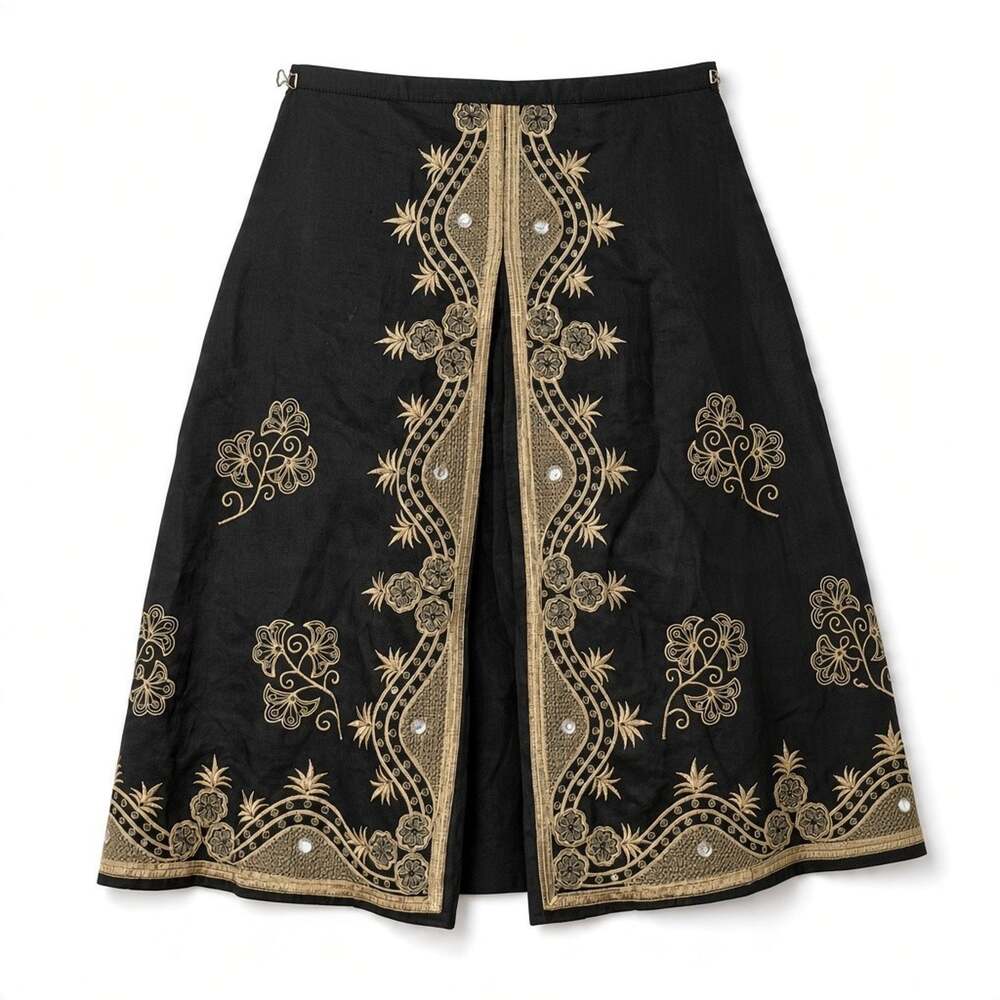 Carole Little Sz 16W 34"W A-Line Skirt Center Front Pleat Gold Boho Embroidery